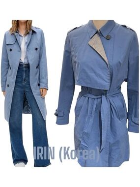 IRIN (Korea) Sky Blue/Houndstooth GunFlap Single Breast Belted Trench Coat (S/M)